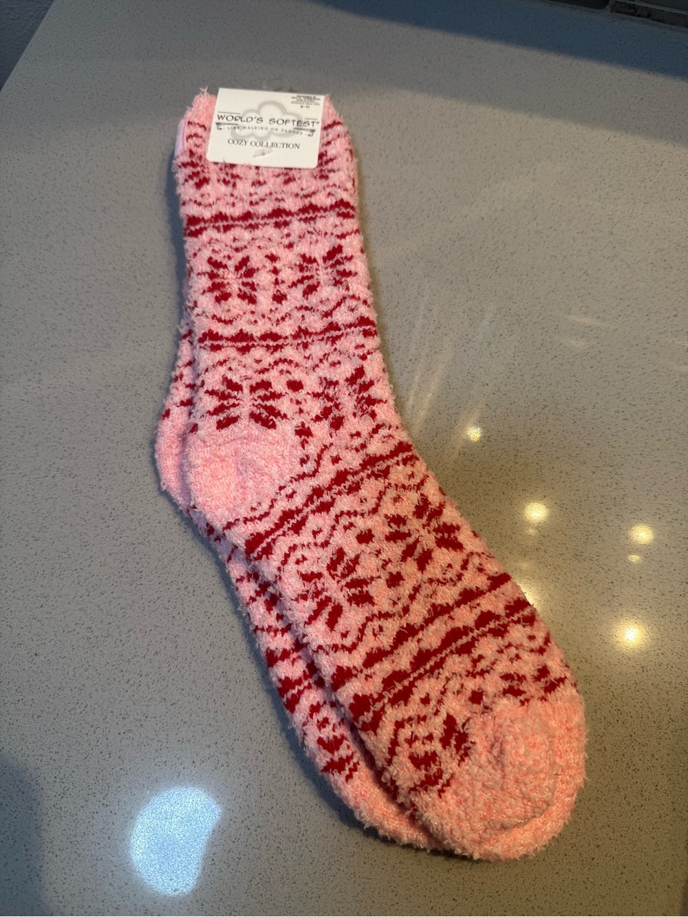 Cozy Plush Pink & Red Fair Isle Casual Socks